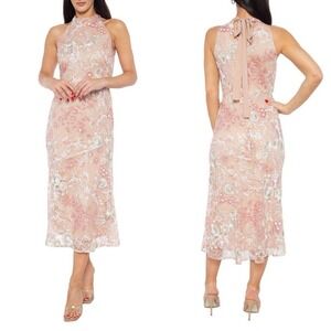 Marina Fitted Sequin Midi Length Cocktail Dress, Size Medium, Champagne, NEW